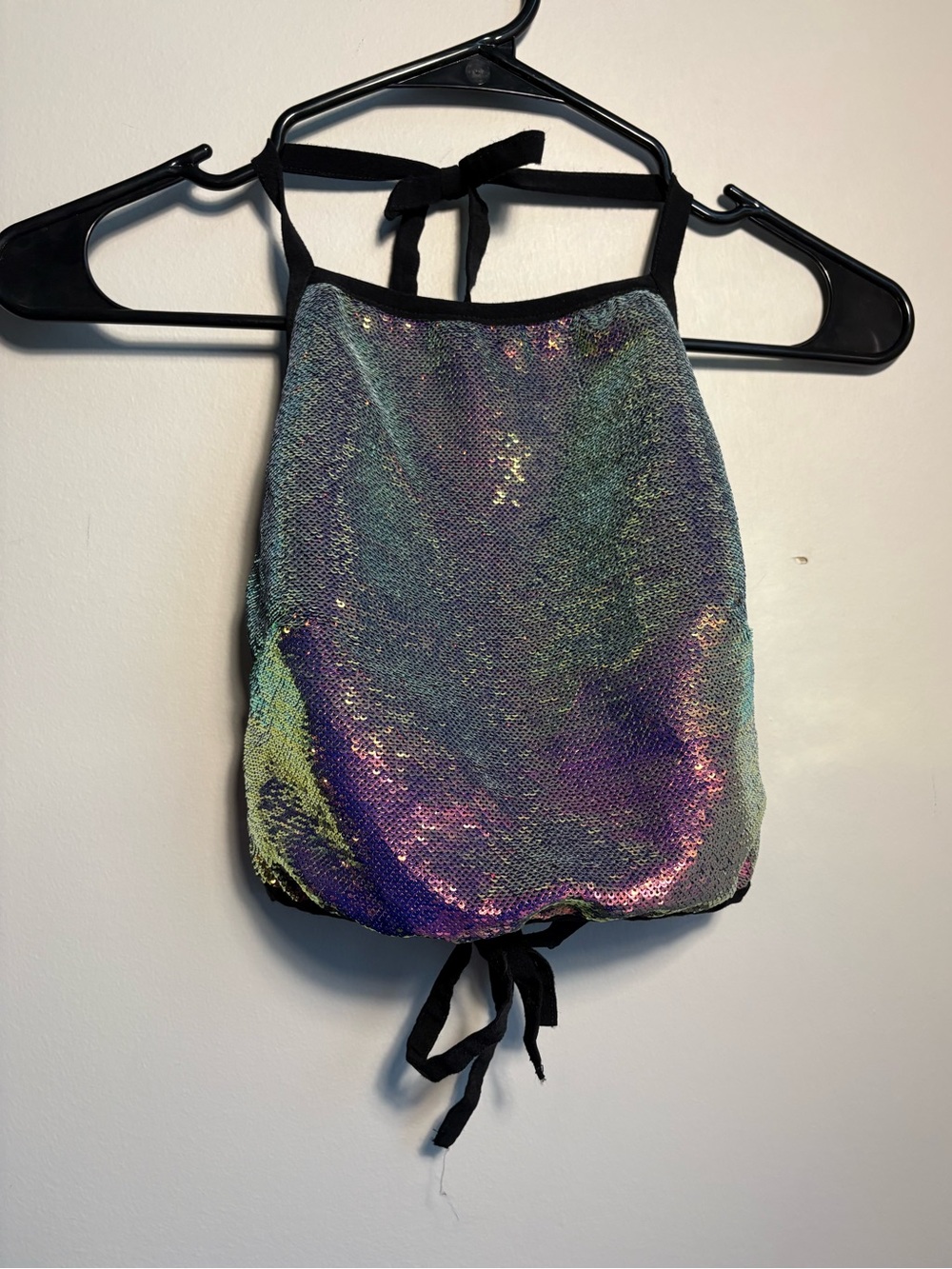 I HEARTRAVES Iridescent Sequin Halter Top Festival Rave Y2K Tie Front Size S